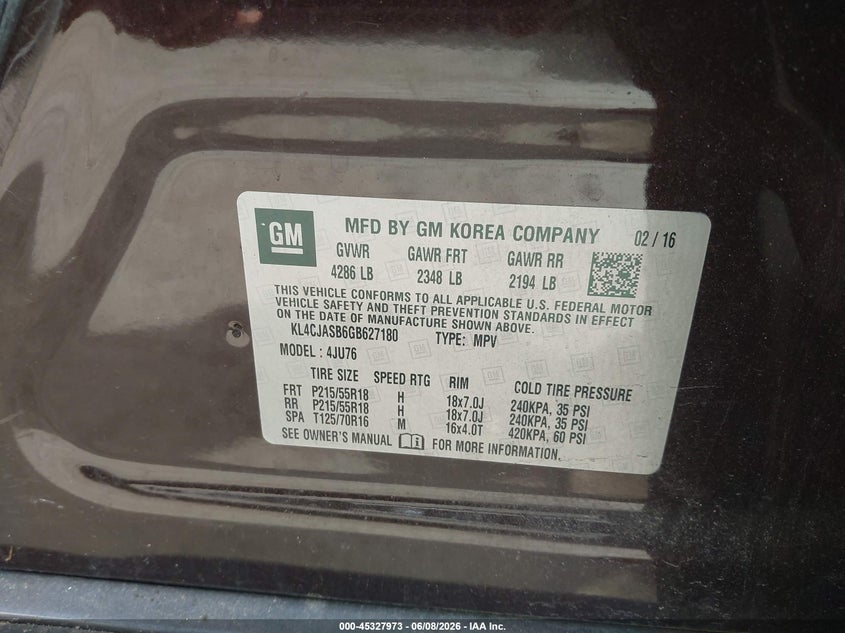 2016 Buick Encore VIN KL4CJASB6GB627180 IAAI salvage auction — LEFT & RIGHT, Salvage - Greater Than 75% (Maryland), sold $125 on 2026-07-28 (photo 9)