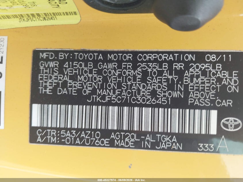 2012 Toyota VIN JTKJF5C71C3026451 IAAI salvage auction — FRONT END, Salvage Title, sold $400 on 2026-07-07 (photo 9)