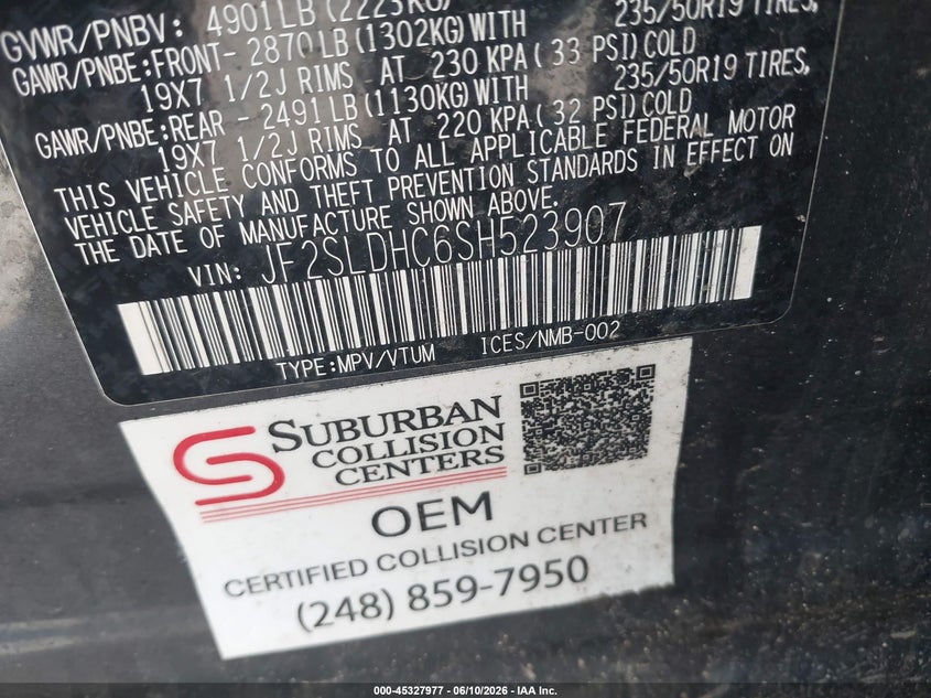 2025 Subaru Forester VIN JF2SLDHC6SH523907 IAAI salvage auction — FRONT END, Clear (Michigan), sold $9,700 on 2026-07-30 (photo 9)