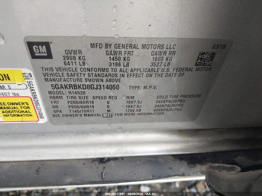 2016 Buick Enclave VIN 5GAKRBKD8GJ314060 IAAI salvage auction — NORMAL WEAR, Repossession Paperwork (Georgia), sold $600 on 2026-07-19 (photo 9)