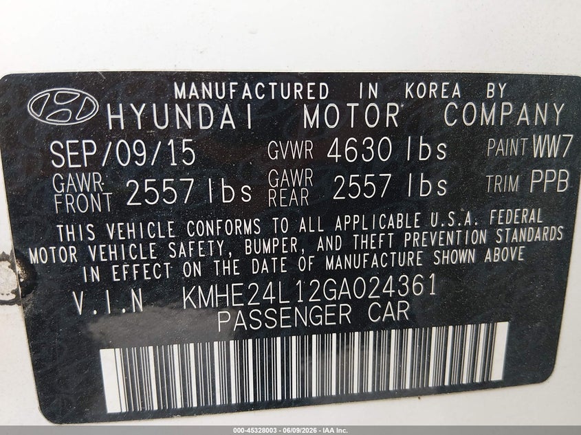 2016 Hyundai Sonata VIN KMHE24L12GA024361 IAAI salvage auction — RIGHT FRONT, Salvage Title, sold $500 on 2026-07-08 (photo 9)