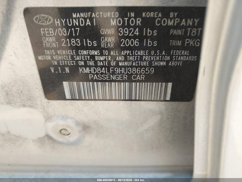 2017 Hyundai Elantra VIN KMHD84LF9HU386659 IAAI salvage auction — FRONT END, Salvage Title, sold $1,400 on 2026-07-27 (photo 9)