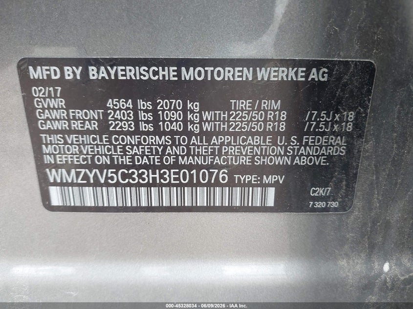 2017 Mini Countryman VIN WMZYV5C33H3E01076 IAAI salvage auction — FRONT END, Clear (Indiana), sold $1,950 on 2026-07-18 (photo 9)