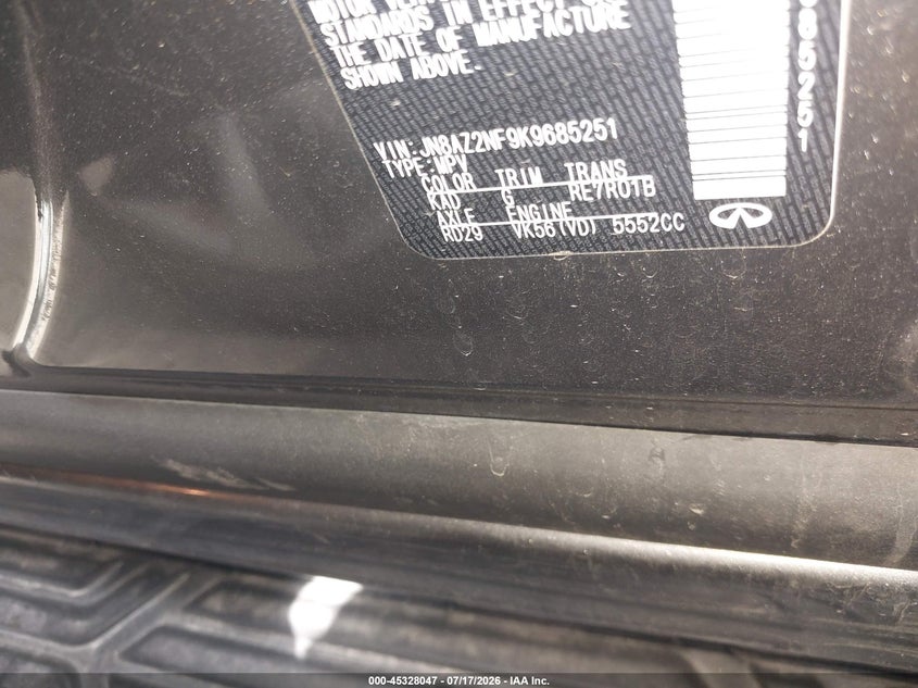 2019 Infiniti Qx80 VIN JN8AZ2NF9K9685251 IAAI salvage auction — REAR END, Salvage Title, sold $7,400 on 2026-09-08 (photo 9)