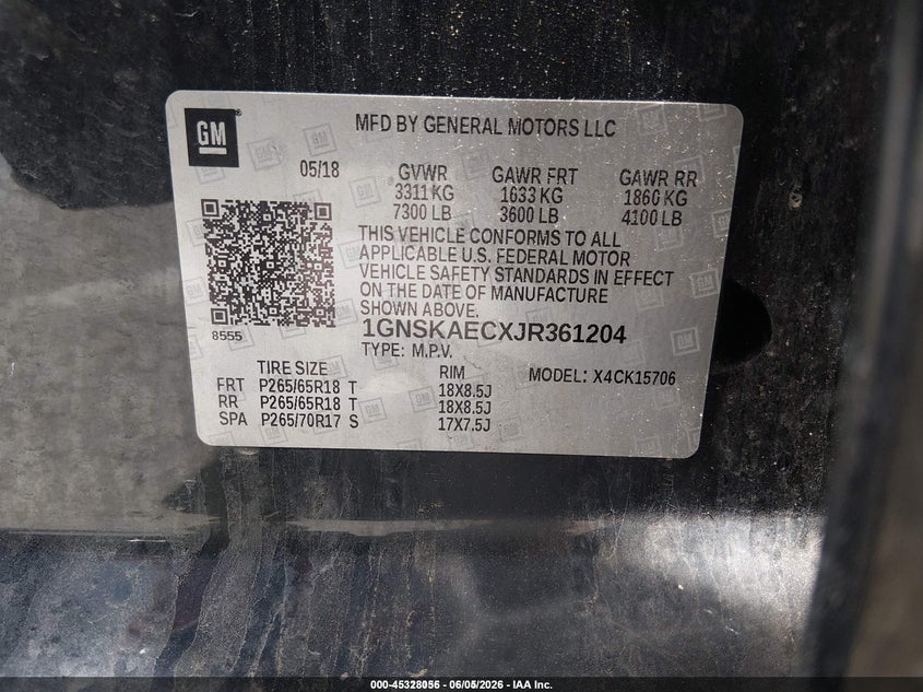 2018 Chevrolet Tahoe VIN 1GNSKAECXJR361204 IAAI salvage auction — NORMAL WEAR, Sf97 (New York), sold $14,650 on 2026-07-31 (photo 9)