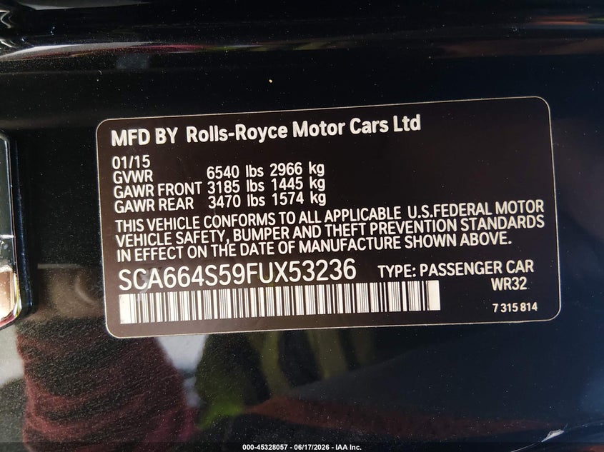 2015 Rolls-royce Ghost VIN SCA664S59FUX53236 IAAI salvage auction — FRONT END, Salvage (Arizona), sold $45,350 on 2026-08-12 (photo 9)