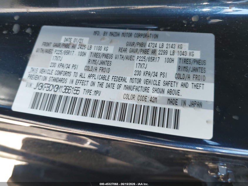 2021 Mazda Cx-5 VIN JM3KFBCM3M1366155 IAAI salvage auction — FRONT END, Mv-907A (New York), sold $5,400 on 2026-07-28 (photo 9)