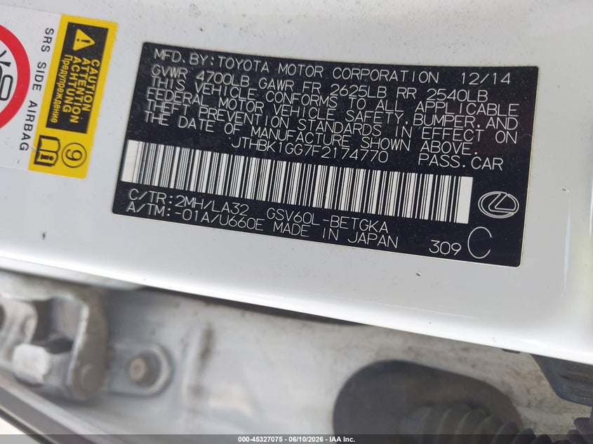 2015 Lexus ES VIN JTHBK1GG7F2174770 IAAI salvage auction — REAR END, Original (Texas), sold $4,750 on 2026-07-21 (photo 9)