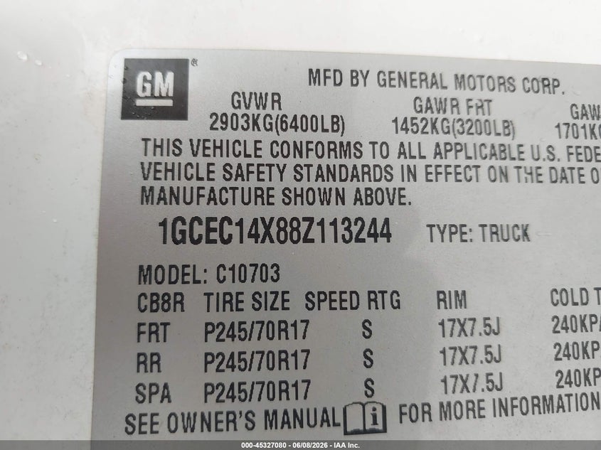 2008 Chevrolet Silverado 1500 VIN 1GCEC14X88Z113244 IAAI salvage auction — FRONT & REAR, Salvage (Kentucky), sold $975 on 2026-07-09 (photo 9)