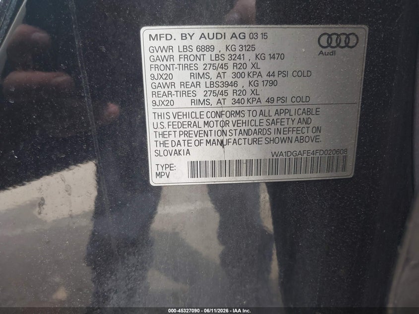 2015 Audi Q7 VIN WA1DGAFE4FD020608 IAAI salvage auction — FRONT & REAR, Salvage (New Jersey), sold $25 on 2026-07-27 (photo 9)