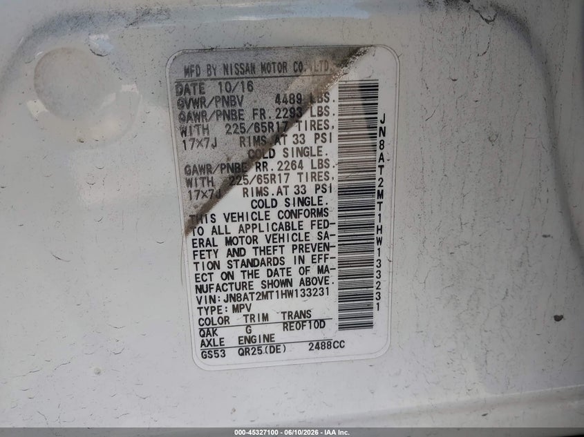 2017 Nissan Rogue VIN JN8AT2MT1HW133231 IAAI salvage auction — FRONT END, Salvage (California), sold $1,550 on 2026-07-29 (photo 9)