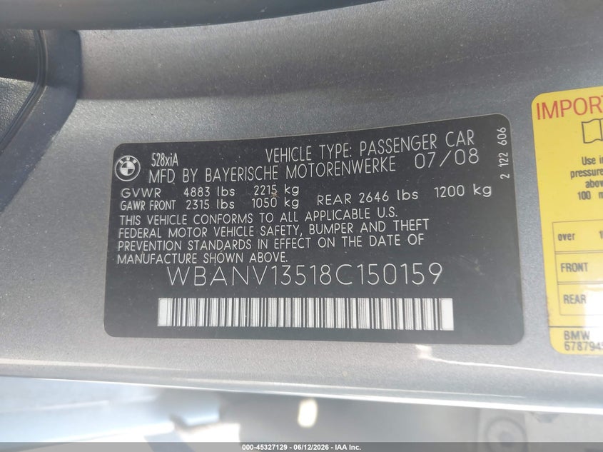 2008 BMW 5er VIN WBANV13518C150159 IAAI salvage auction — LEFT SIDE, Salvage (California), sold $775 on 2026-07-08 (photo 9)