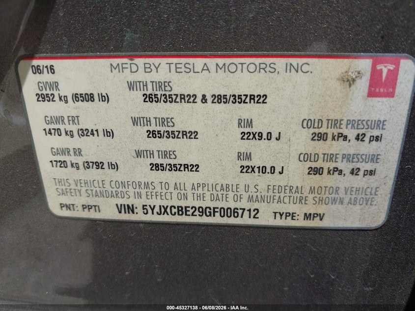 2016 Tesla Model x VIN 5YJXCBE29GF006712 IAAI salvage auction — FRONT END, Salvage Title, sold $4,450 on 2026-07-15 (photo 9)