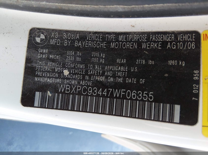 2007 BMW X3 VIN WBXPC93447WF06355 IAAI salvage auction — HAIL, Salvage (Kansas), sold $225 on 2026-07-17 (photo 9)