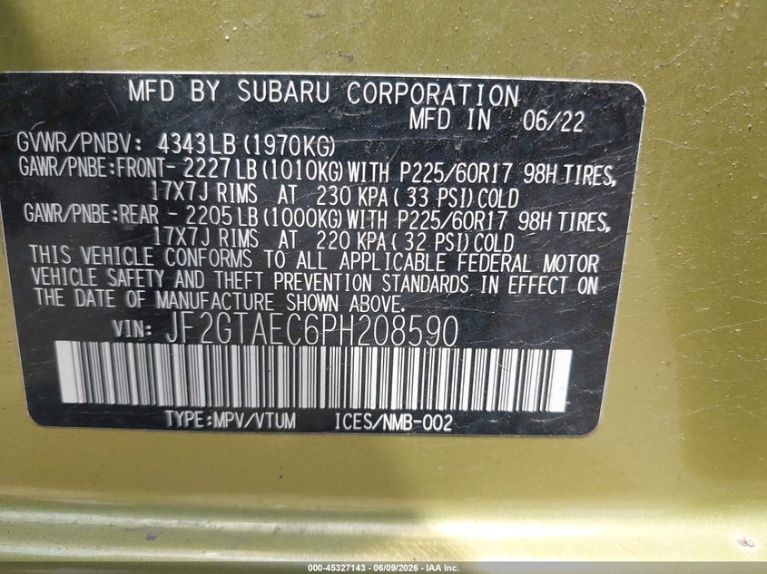 2023 Subaru Xv VIN JF2GTAEC6PH208590 IAAI salvage auction — SIDE, Salvage Title, sold $3,500 on 2026-07-31 (photo 9)