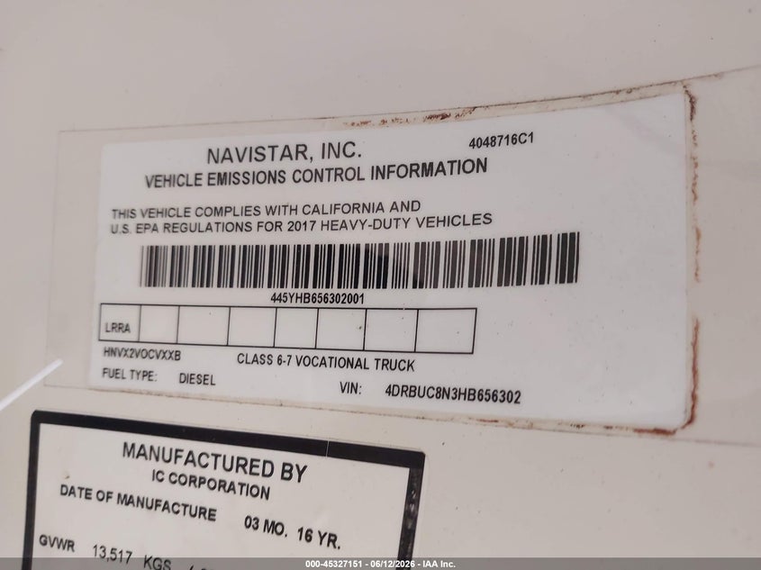2017 Ic VIN 4DRBUC8N3HB656302 IAAI salvage auction — FRONT & REAR, Salvage Title, sold $300 on 2026-09-22 (photo 9)