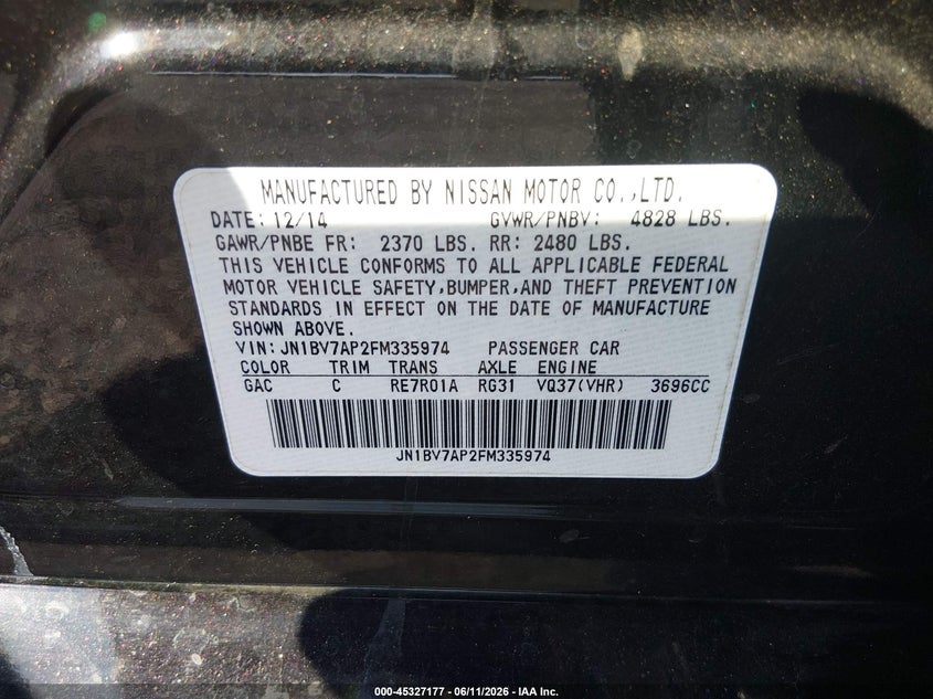2015 Infiniti Q50 VIN JN1BV7AP2FM335974 IAAI salvage auction — FRONT END, Salvage (South Carolina), sold $700 on 2026-07-21 (photo 9)