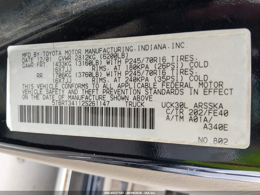 2002 Toyota Tundra VIN 5TBRT34112S261147 IAAI salvage auction — FRONT END, Original (Texas), sold $1,400 on 2026-07-23 (photo 9)