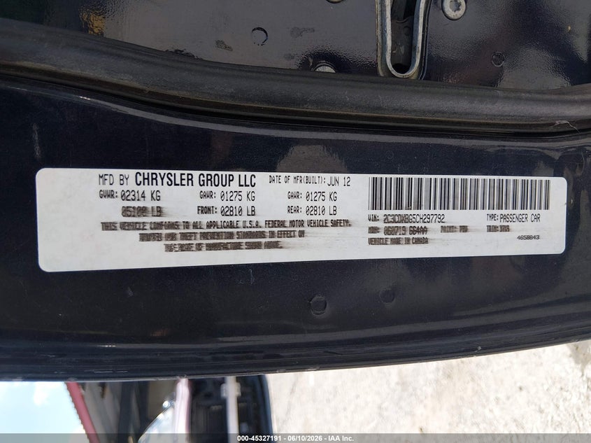 2012 Dodge Charger VIN 2C3CDXBG5CH297792 IAAI salvage auction — FRONT END, Salvage Title, sold $200 on 2026-07-28 (photo 9)