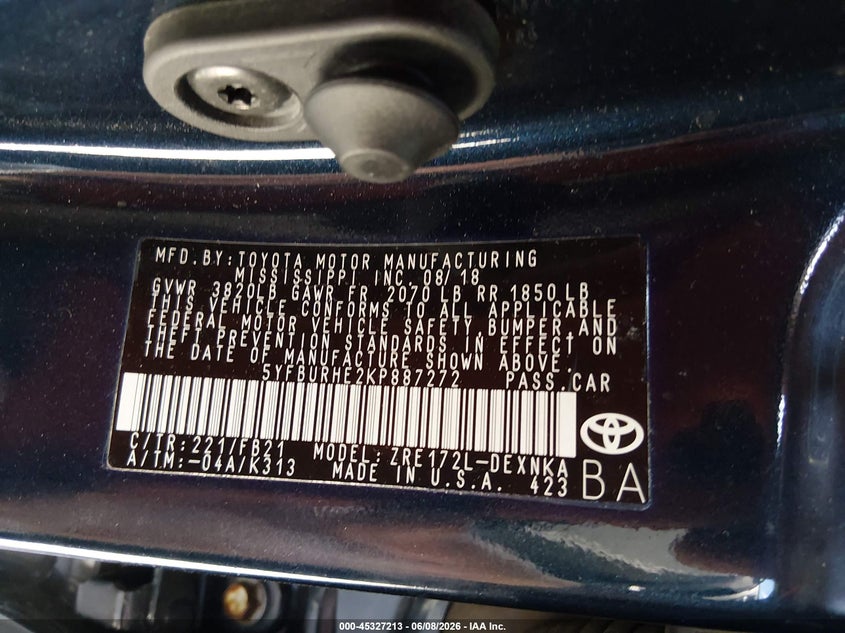 2019 Toyota Corolla VIN 5YFBURHE2KP887272 IAAI salvage auction — FRONT END, Salvage Title, sold $4,650 on 2026-07-09 (photo 9)