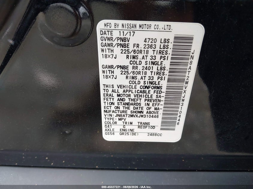 2018 Nissan Rogue VIN JN8AT2MVXJW310446 IAAI salvage auction — FRONT END, Salvage Title, sold $2,350 on 2026-07-28 (photo 9)