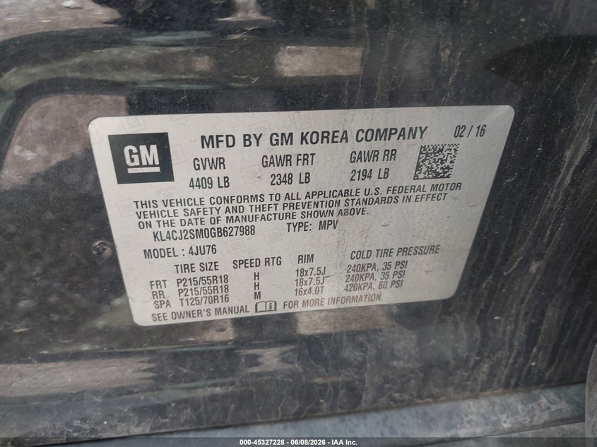 2016 Buick Encore VIN KL4CJ2SM0GB627988 IAAI salvage auction — FRONT END, Salvage Title, sold $875 on 2026-07-14 (photo 9)