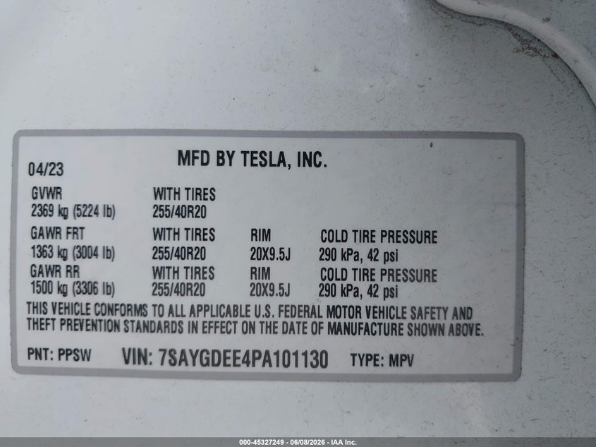 2023 Tesla Model y VIN 7SAYGDEE4PA101130 IAAI salvage auction — SIDE, Salvage Title, sold $11,100 on 2026-07-22 (photo 9)