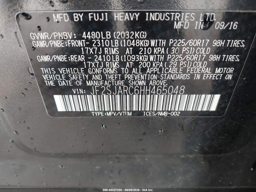2017 Subaru Forester VIN JF2SJARC6HH465048 IAAI salvage auction — REAR END, Salvage - Greater Than 75% (Maryland), sold $2,150 on 2026-07-16 (photo 9)