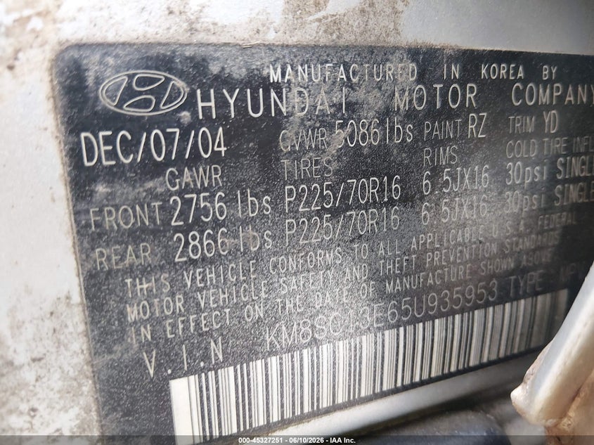 2005 Hyundai Santa fe VIN KM8SC13E65U935953 IAAI salvage auction — FRONT END, Salvage (Ohio), sold $250 on 2026-07-12 (photo 9)
