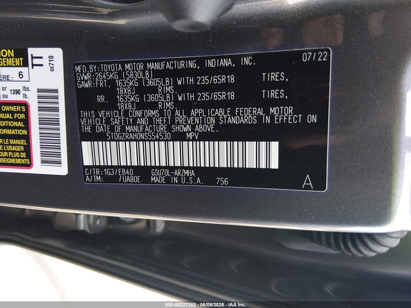 2022 Toyota Highlander VIN 5TDGZRAH0NS554530 IAAI salvage auction — REAR END, Salvage Title, sold $18,950 on 2026-07-08 (photo 9)