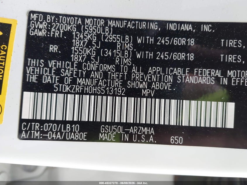 2017 Toyota Highlander VIN 5TDKZRFH0HS513192 IAAI salvage auction — REAR END, Salvage Title, sold $8,500 on 2026-07-09 (photo 9)