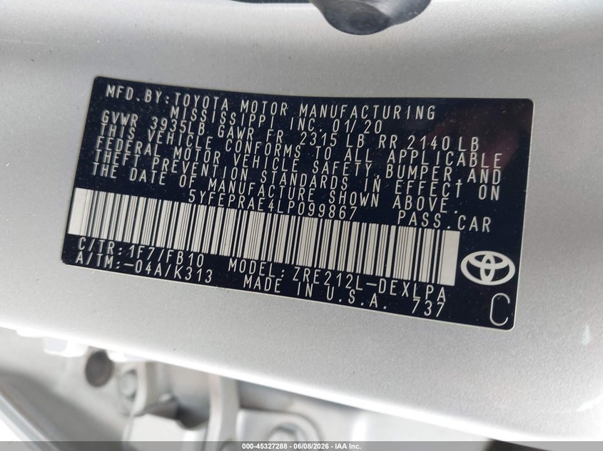 2020 Toyota Corolla VIN 5YFEPRAE4LP099867 IAAI salvage auction — RIGHT SIDE, Salvage Title, sold $2,400 on 2026-07-24 (photo 9)