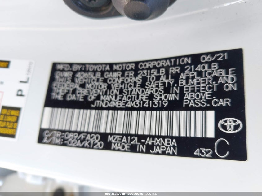 2021 Toyota Corolla VIN JTND4MBE4M3141319 IAAI salvage auction — FRONT END, Salvage (Pennsylvania), sold $3,100 on 2026-07-28 (photo 9)