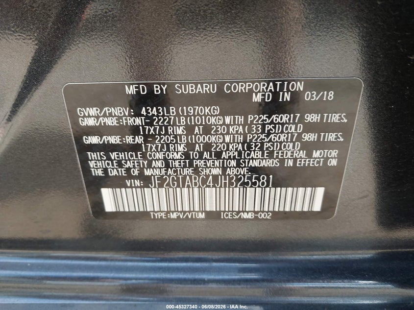 2018 Subaru Xv VIN JF2GTABC4JH325581 IAAI salvage auction — FRONT END, Salvage - Greater Than 75% (Maryland), sold $975 on 2026-07-28 (photo 9)