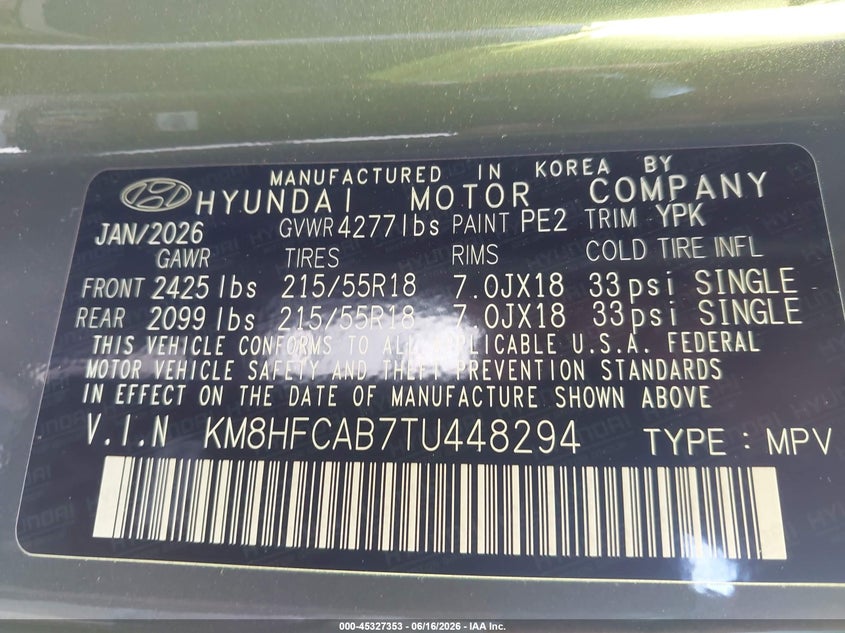 2026 Hyundai Kona VIN KM8HFCAB7TU448294 IAAI salvage auction — RIGHT SIDE, Salvage Title, sold $6,300 on 2026-07-21 (photo 9)