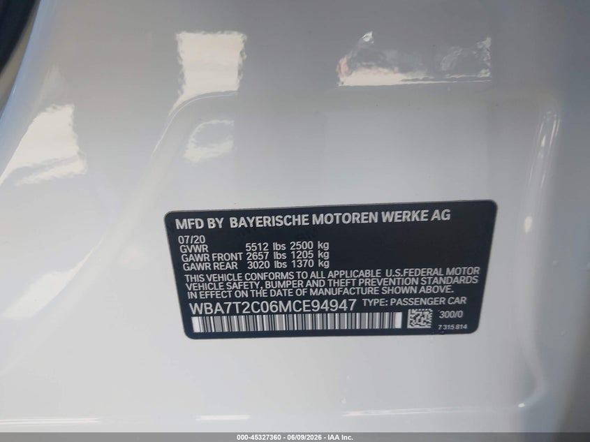2021 BMW 7er VIN WBA7T2C06MCE94947 IAAI salvage auction — FRONT END, Salvage Title, sold $10,000 on 2026-07-28 (photo 9)