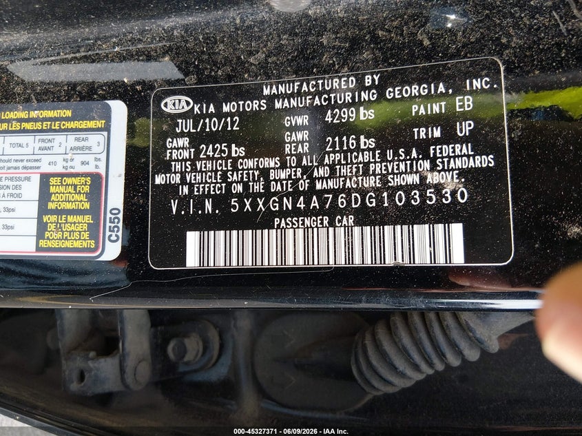 2013 Kia Optima VIN 5XXGN4A76DG103530 IAAI salvage auction — NORMAL WEAR, Salvage Title, sold $475 on 2026-07-08 (photo 9)