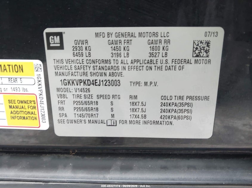 2014 Gmc Acadia VIN 1GKKVPKD4EJ123003 IAAI salvage auction — NORMAL WEAR, Salvage Title, sold $400 on 2026-07-22 (photo 9)