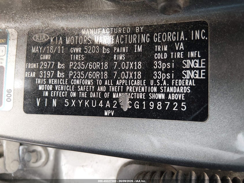 2012 Kia Sorento VIN 5XYKU4A27CG198725 IAAI salvage auction — FRONT END, Salvage Title, sold $2,975 on 2026-07-15 (photo 9)