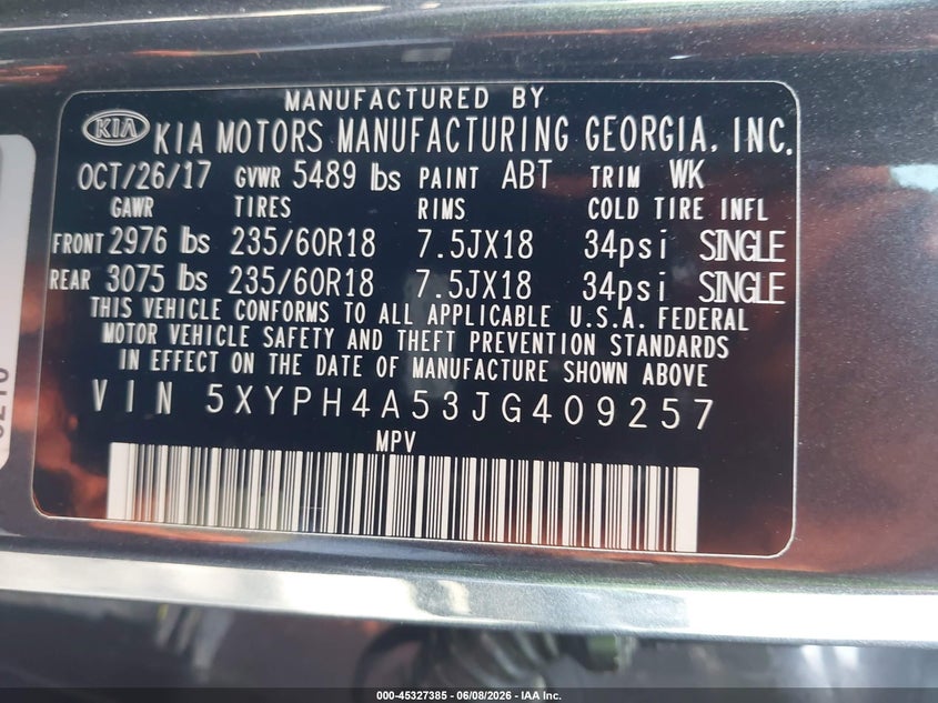 2018 Kia Sorento VIN 5XYPH4A53JG409257 IAAI salvage auction — FRONT END, Salvage Title, sold $1,850 on 2026-07-14 (photo 9)