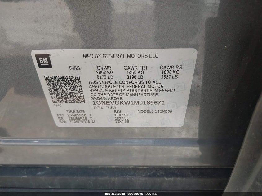 2021 Chevrolet Traverse VIN 1GNEVGKW1MJ189671 IAAI salvage auction — NORMAL WEAR, Sf97 (New Hampshire), sold $15,100 on 2026-07-23 (photo 9)