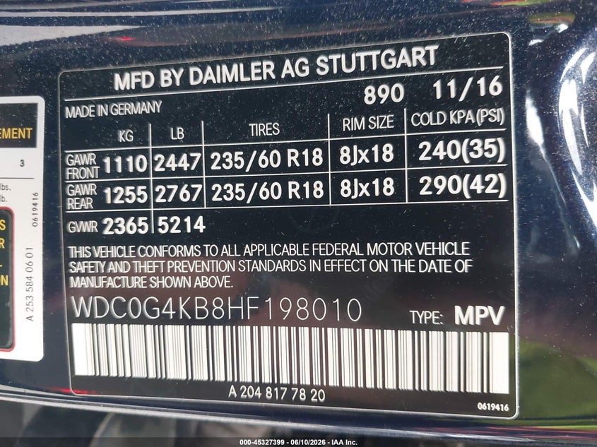 2017 Mercedes-benz Glc VIN WDC0G4KB8HF198010 IAAI salvage auction — LEFT SIDE, Salvage Title, sold $8,875 on 2026-07-25 (photo 9)