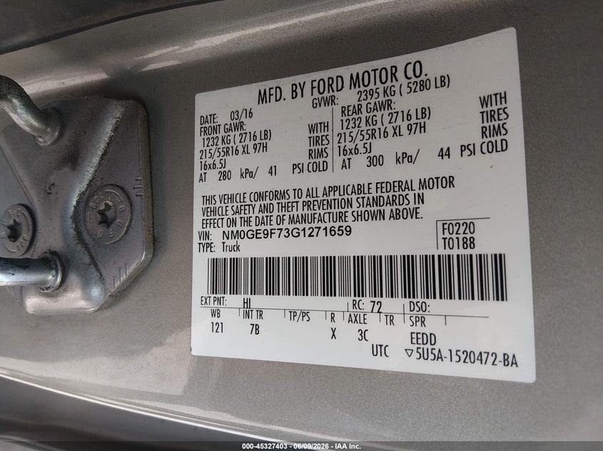 2016 Ford Transit VIN NM0GE9F73G1271659 IAAI salvage auction — REAR END, Salvage Title, sold $2,725 on 2026-07-15 (photo 9)