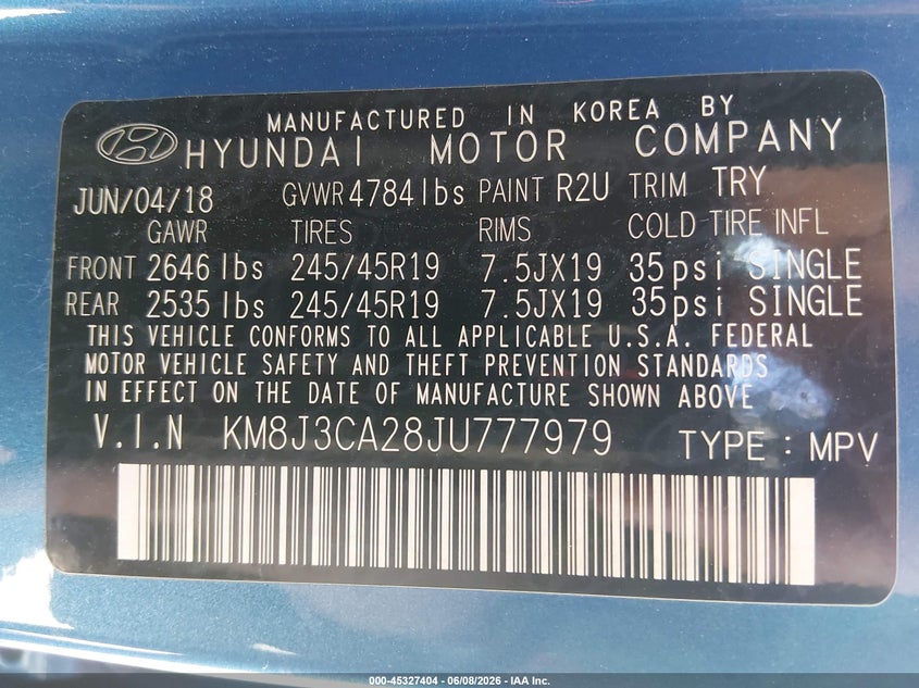 2018 Hyundai Tucson VIN KM8J3CA28JU777979 IAAI salvage auction — LEFT FRONT, Salvage Title, sold $3,200 on 2026-07-29 (photo 9)