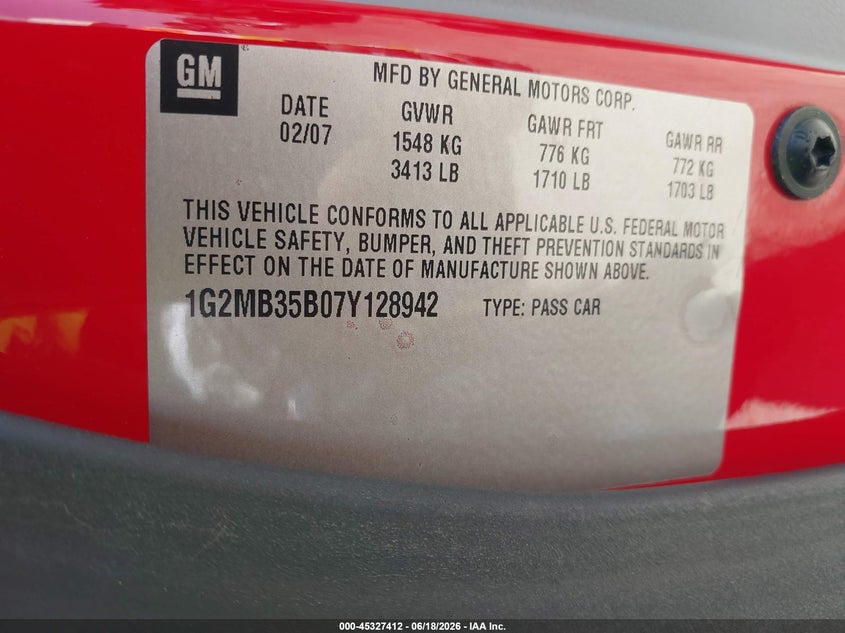 2007 Pontiac Solstice VIN 1G2MB35B07Y128942 IAAI salvage auction — REAR END, Original (Texas), sold $925 on 2026-09-05 (photo 9)