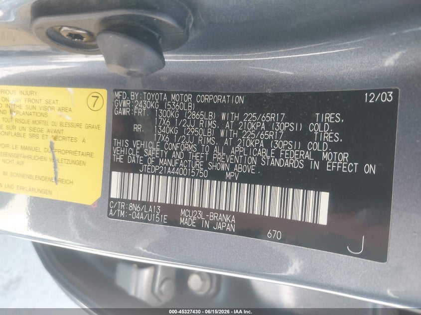 2004 Toyota Highlander VIN JTEDP21A440015750 IAAI salvage auction — NORMAL WEAR, Clear - Dealer Only (California), sold $2,650 on 2026-07-28 (photo 9)