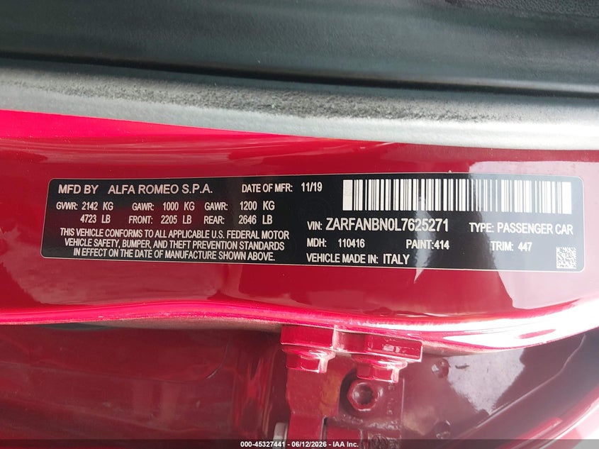 2020 Alfa romeo Giulia VIN ZARFANBN0L7625271 IAAI salvage auction — RIGHT FRONT, Salvage (Pennsylvania), sold $2,325 on 2026-07-21 (photo 9)