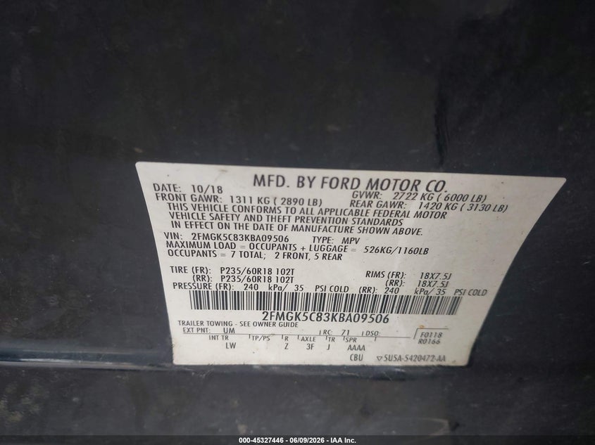 2019 Ford Flex VIN 2FMGK5C83KBA09506 IAAI salvage auction — FRONT END, Salvage Title, sold $825 on 2026-07-19 (photo 9)