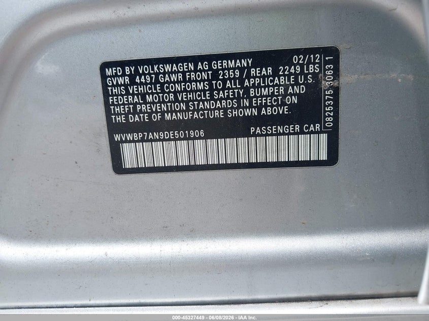 2013 Volkswagen Passat cc VIN WVWBP7AN9DE501906 IAAI salvage auction — FRONT END, Salvage Title, sold $475 on 2026-07-17 (photo 9)