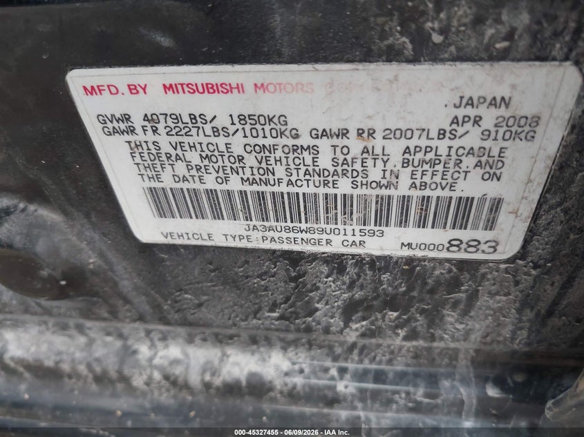 2009 Mitsubishi Lancer VIN JA3AU86W89U011593 IAAI salvage auction — FRONT END, Clear (Indiana), sold $350 on 2026-07-22 (photo 9)